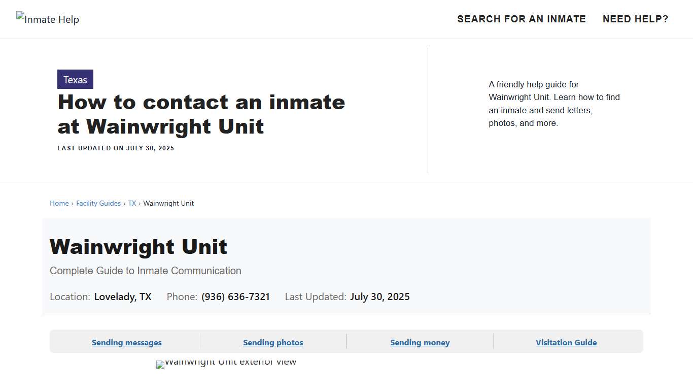 How to contact an inmate at Wainwright Unit - Inmate Help