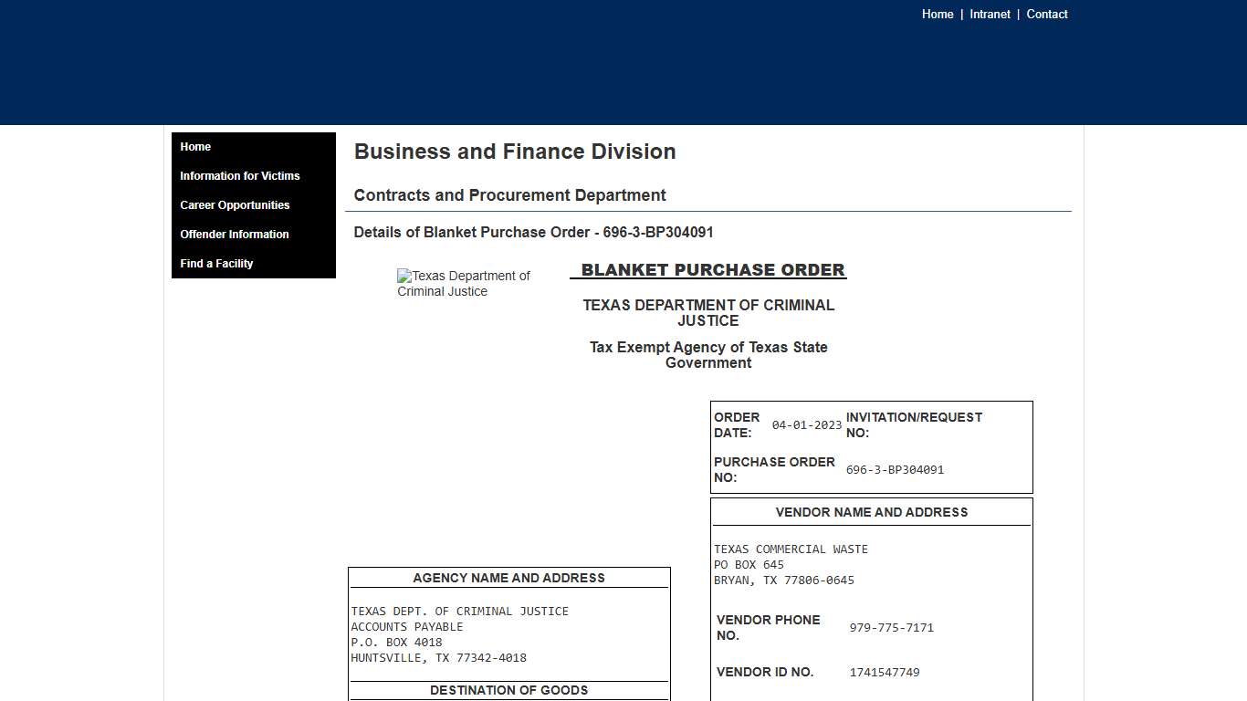 TDCJ Purchase Print - Details of Blanket Purchase Order